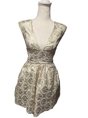Gold & White Brocade Sleeveless Mini Dress Plunging Neckline Mustard Seed Size S